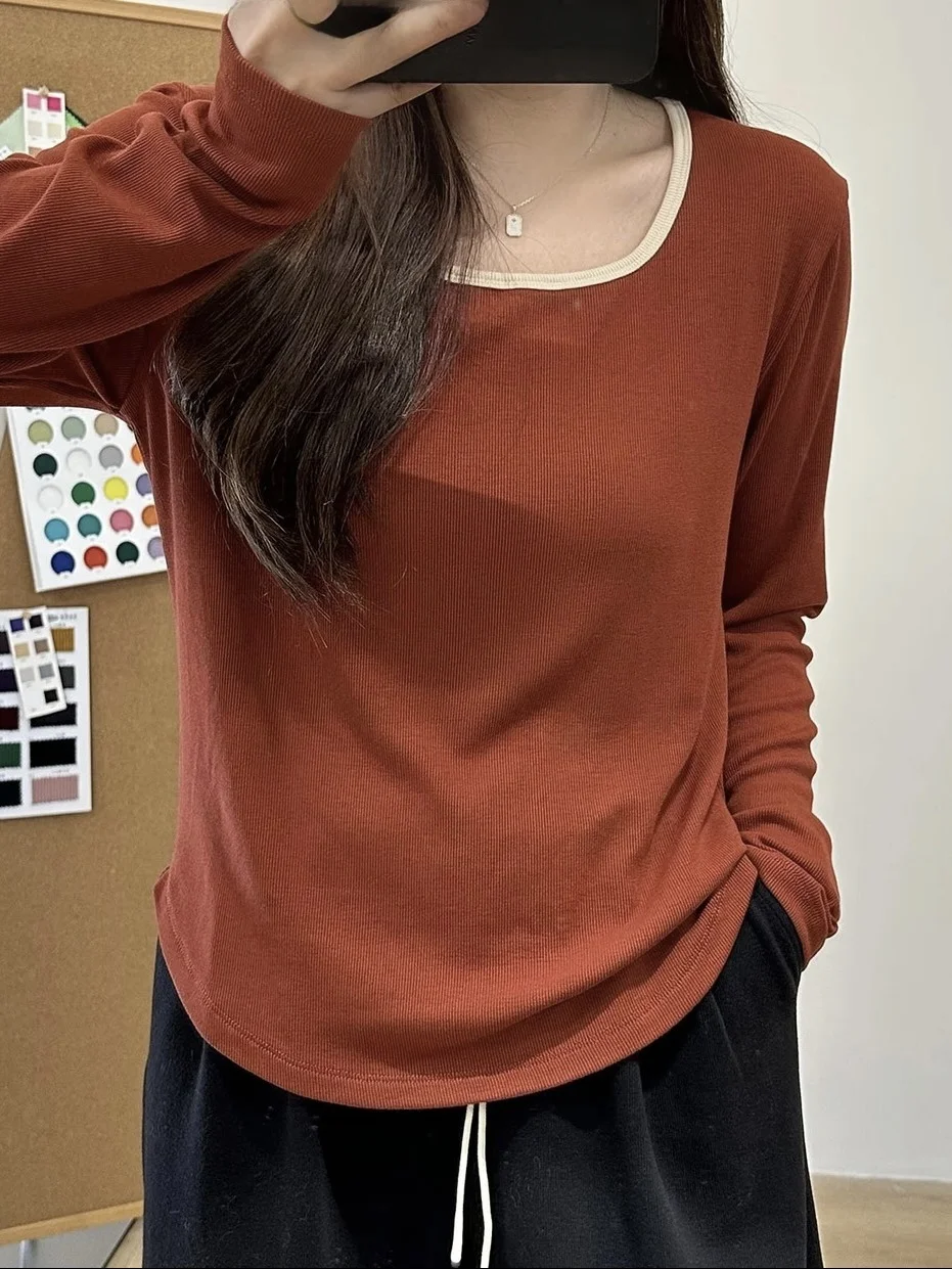 plus Size Women's T-Shirt Spring Autumn New Unique Beautiful Square Collar Long Sleeve Regular Fit Pure Color Commute Style