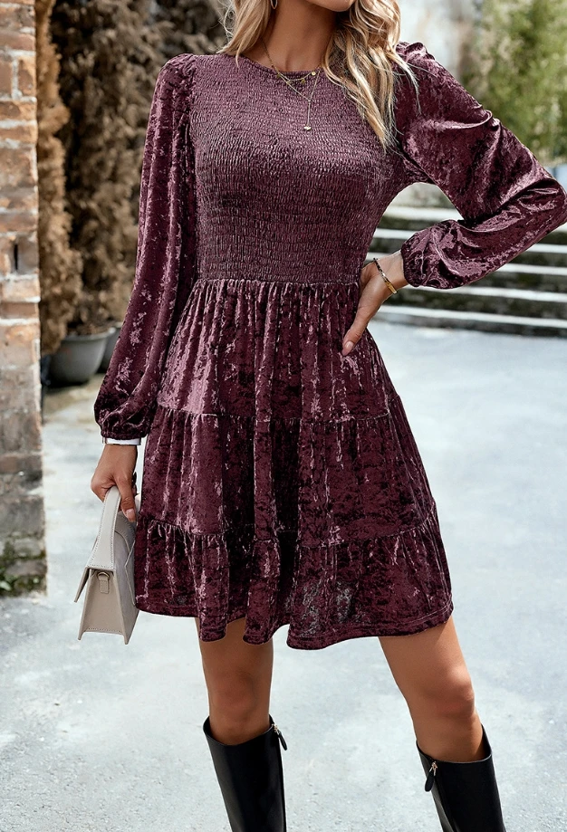 Elegant Party Dresses Women 2024 Autumn Solid Color Short Skirt Women's Elegant O-Neck Velvet High Waist Mini Long Sleeve Dress