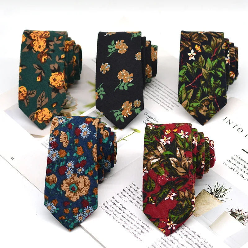 

6CM Floral Neckties For Men Women Korean Soft Cotton Casual Neck Ties Handmade Narrow Green Cravate Neckwear Shirt Accessories