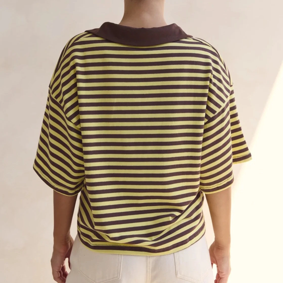 Women's Chocolate Brown Collared Yellow Striped Short Sleeve Shirt Casual Lightweight Tee Stylish Button Down Shirt