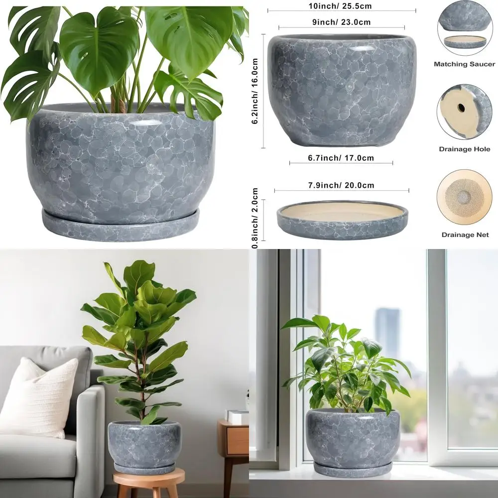 

10-дюймовый горшок для растений для дома и улицы с дренажем и поддоном, круглый декоративный большой горшок для дома и офиса, серый