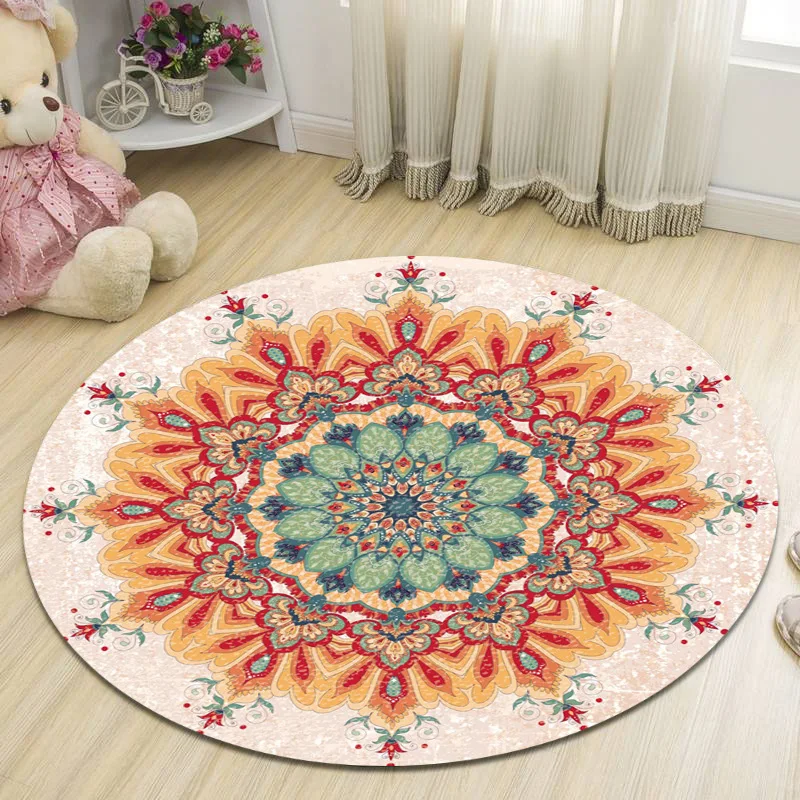 

Home Decorative Round Carpets, Soft Ethnic Style, Flower Area Rugs, Anti-Slip, Living Room, Bedroom, Bedside, Sofa, Floor Mats