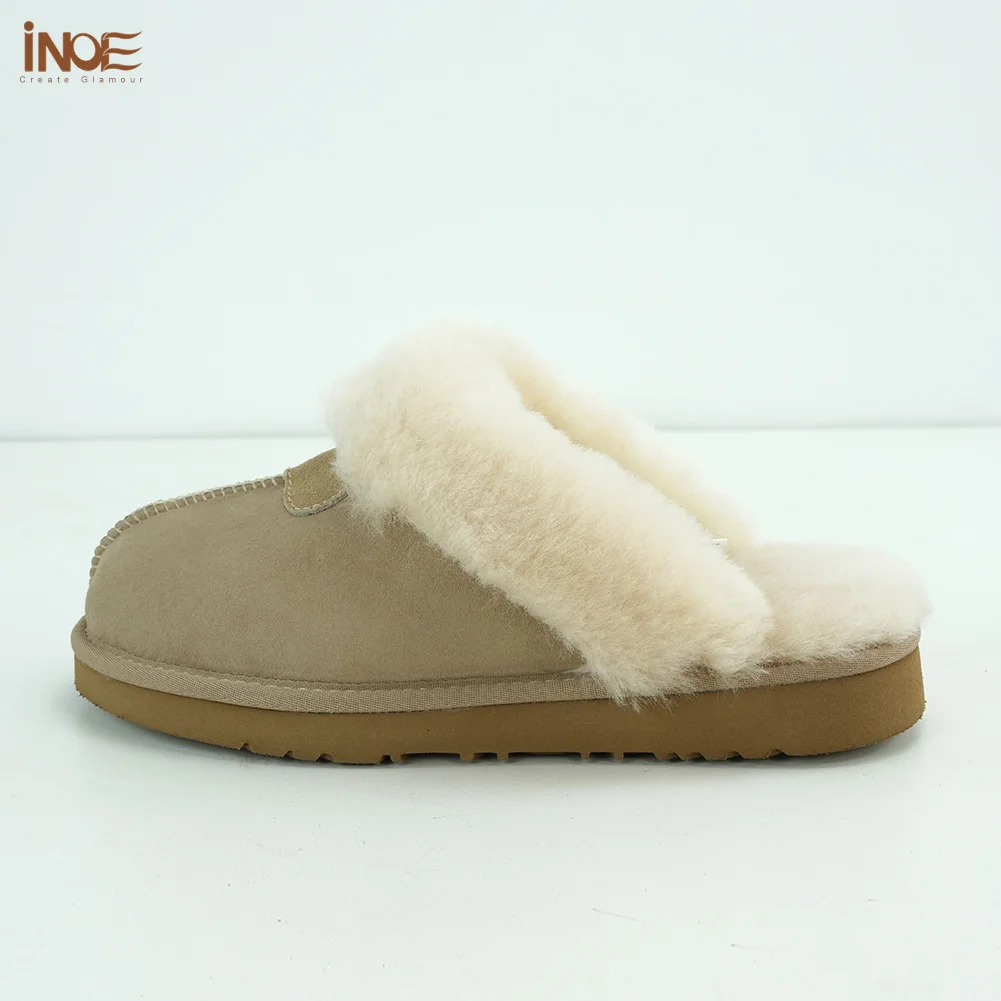 INOE Women Real Sheepskin Suede Leather Natural Wool Sheep Fur Lined Winter Slippers Cazy Loafer Home Shoes Baboon in House Flat