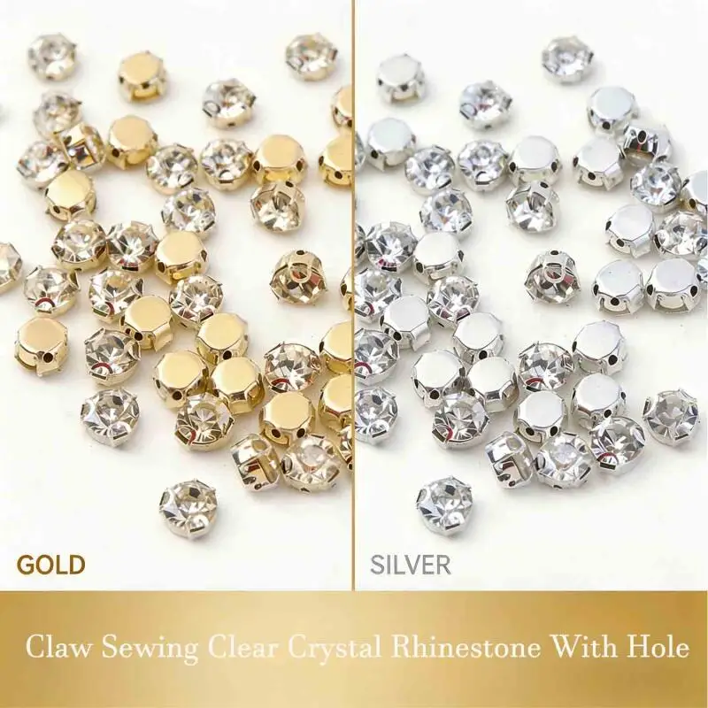 4/5/6/7/8/10mm Gold/Silber Krallenfassung Runde Strass-Steine, zum Nähen DIY Glas-Kristall für Kleidung und Hochzeitskleider – Detail 3