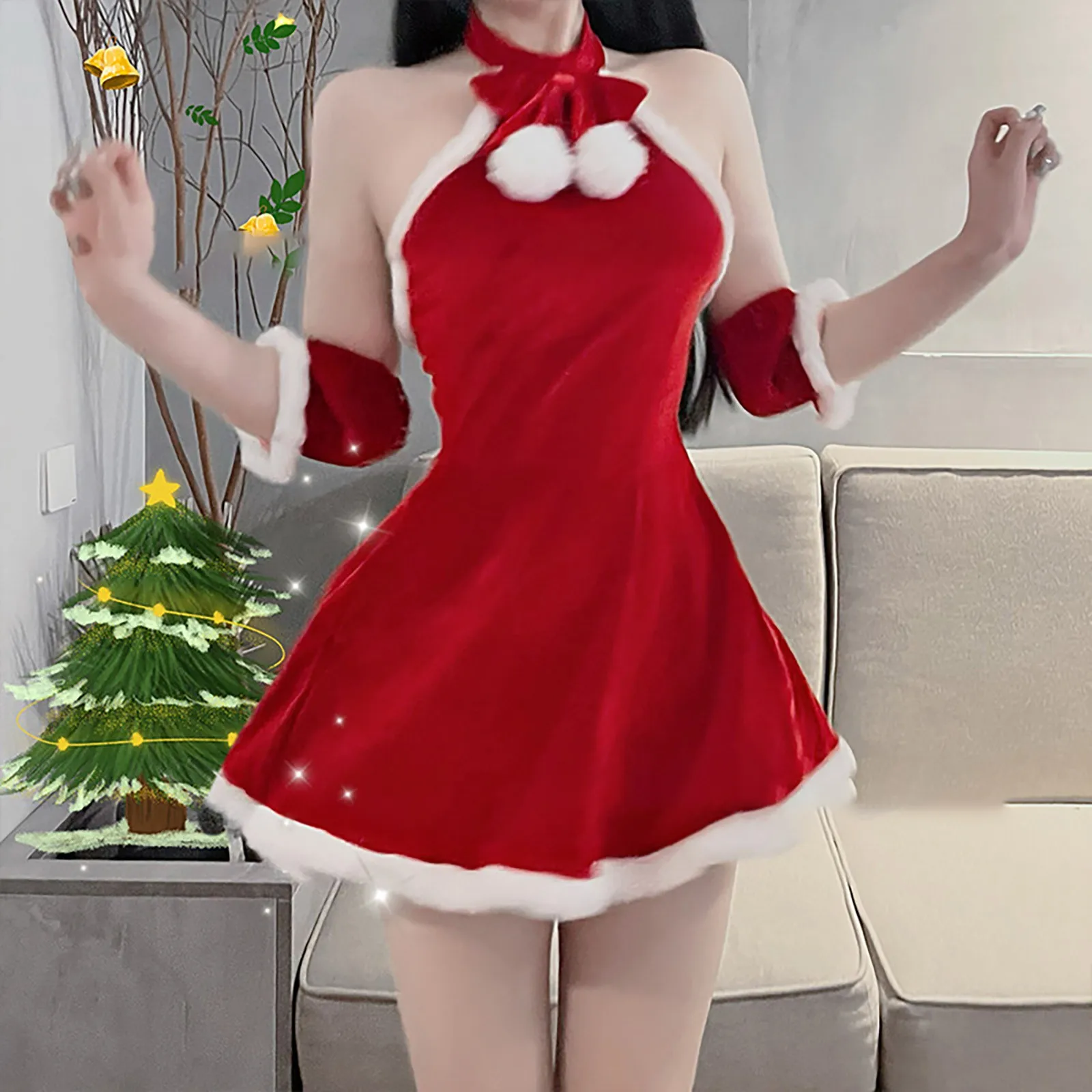 Christmas Women Uniform Fancy Dress Santa Claus Cosplay Costume Winter Red Plush Dress Suit Sexy Party Mini Dress Maid Bunny