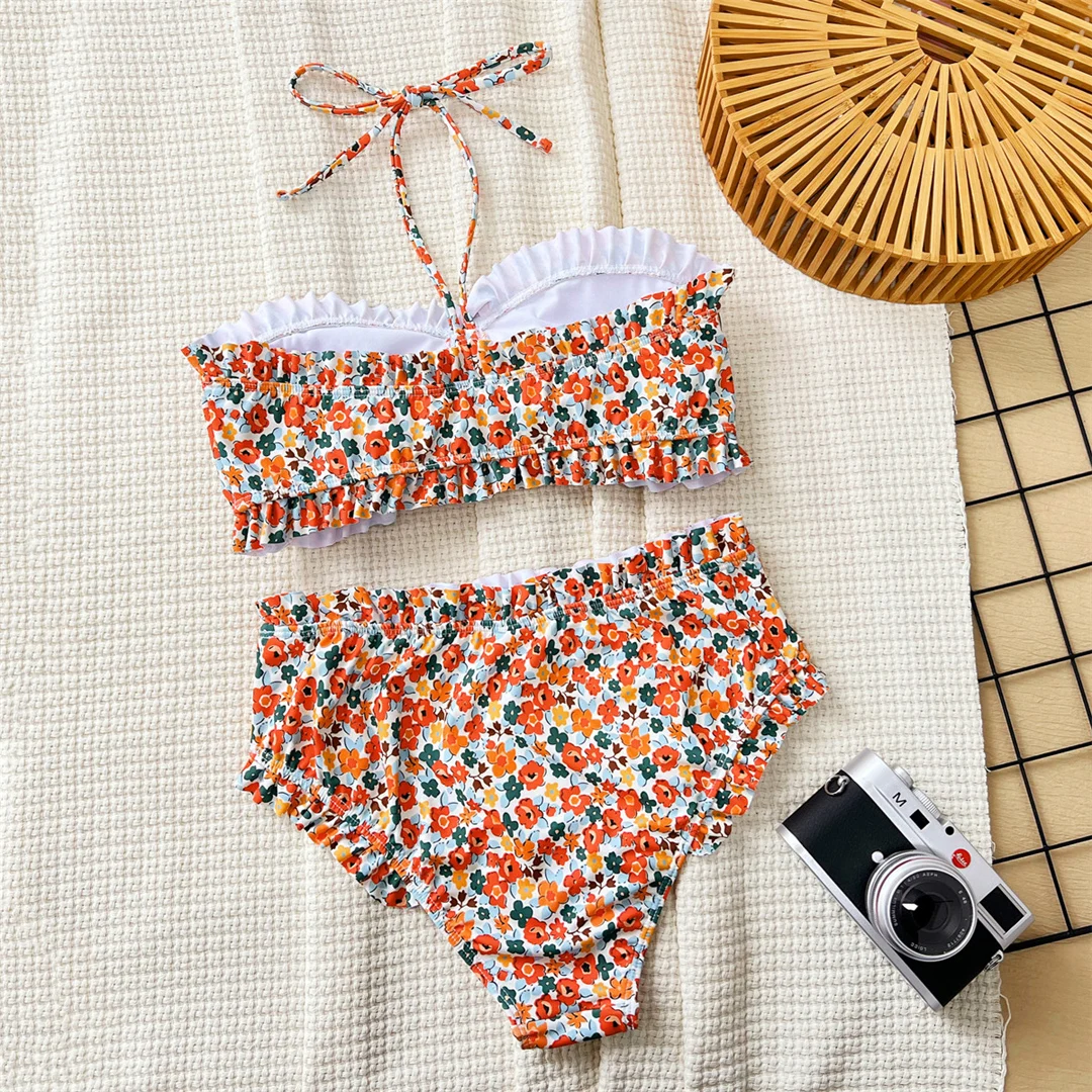 Blumenmuster-Bandeau-Badeanzug für Damen, Bikini mit hoher Taille, zweiteiliges Bikini-Set, Badebekleidung, Badeanzug, Modell V6613. – Detail 19