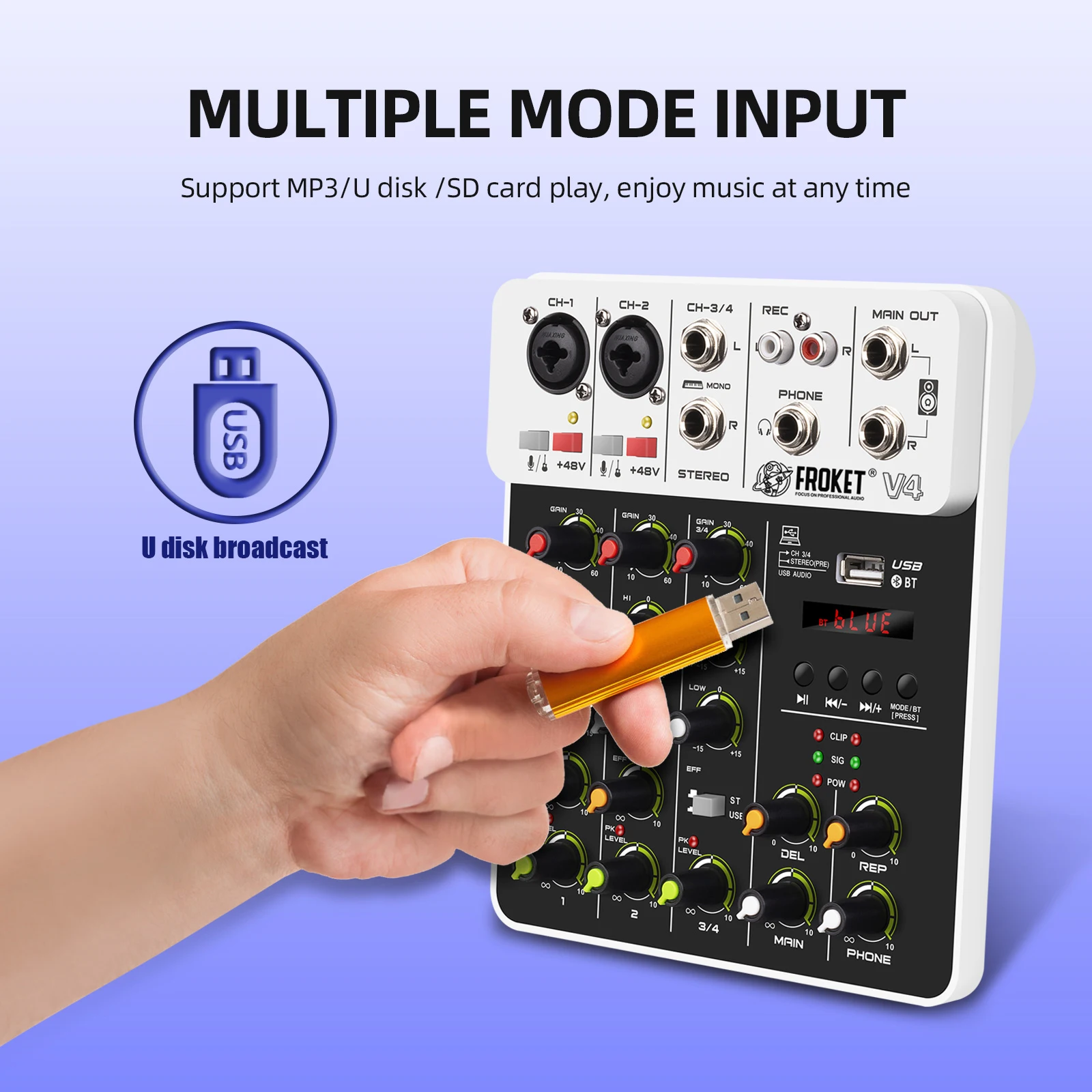 Froket V4 Audio Mixer Dj Controller Mixen Bluetooth Fantoom Power Delay Repaeat Effect Voor Sound Mixing Console Pc Opname