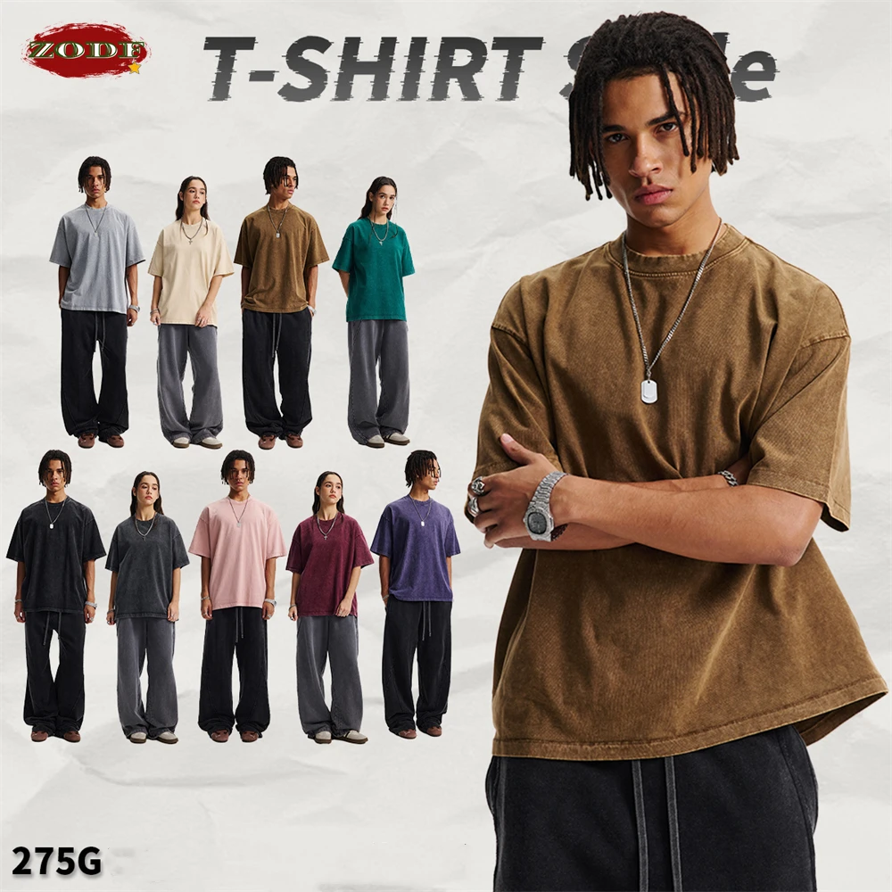 ZODF Vintage Man Washed 275gsm Cotton T-Shirts Unisex Retro Fire Snowflakes Distressed Loose Fit T Shirt Brand Tees HY1088