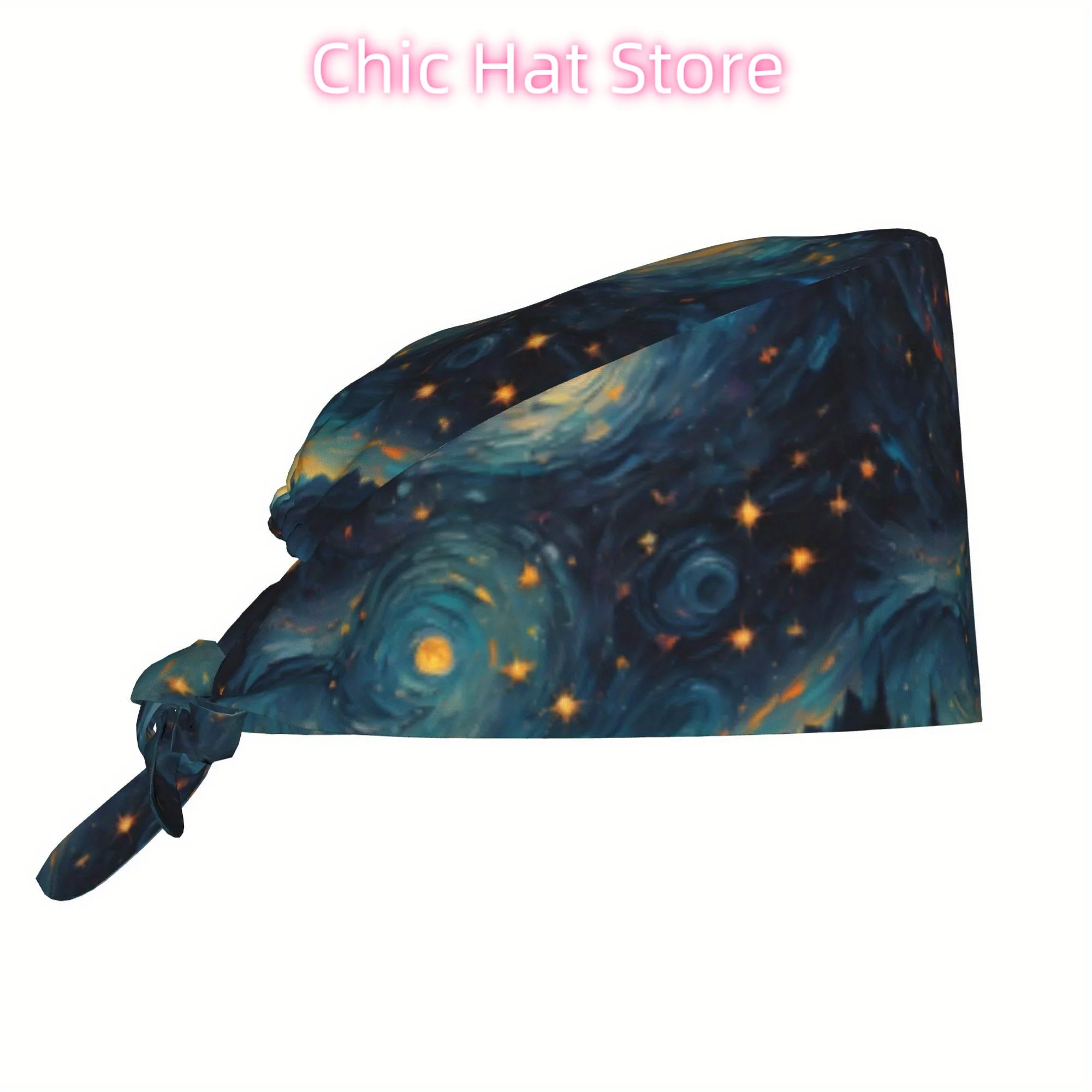 1pc Starry Night Sky Print Adjustable Unisex Work Cap - Lightweight Dustproof Nurse/Chef/Cooking Hat with Tie-Back Closure, & Un