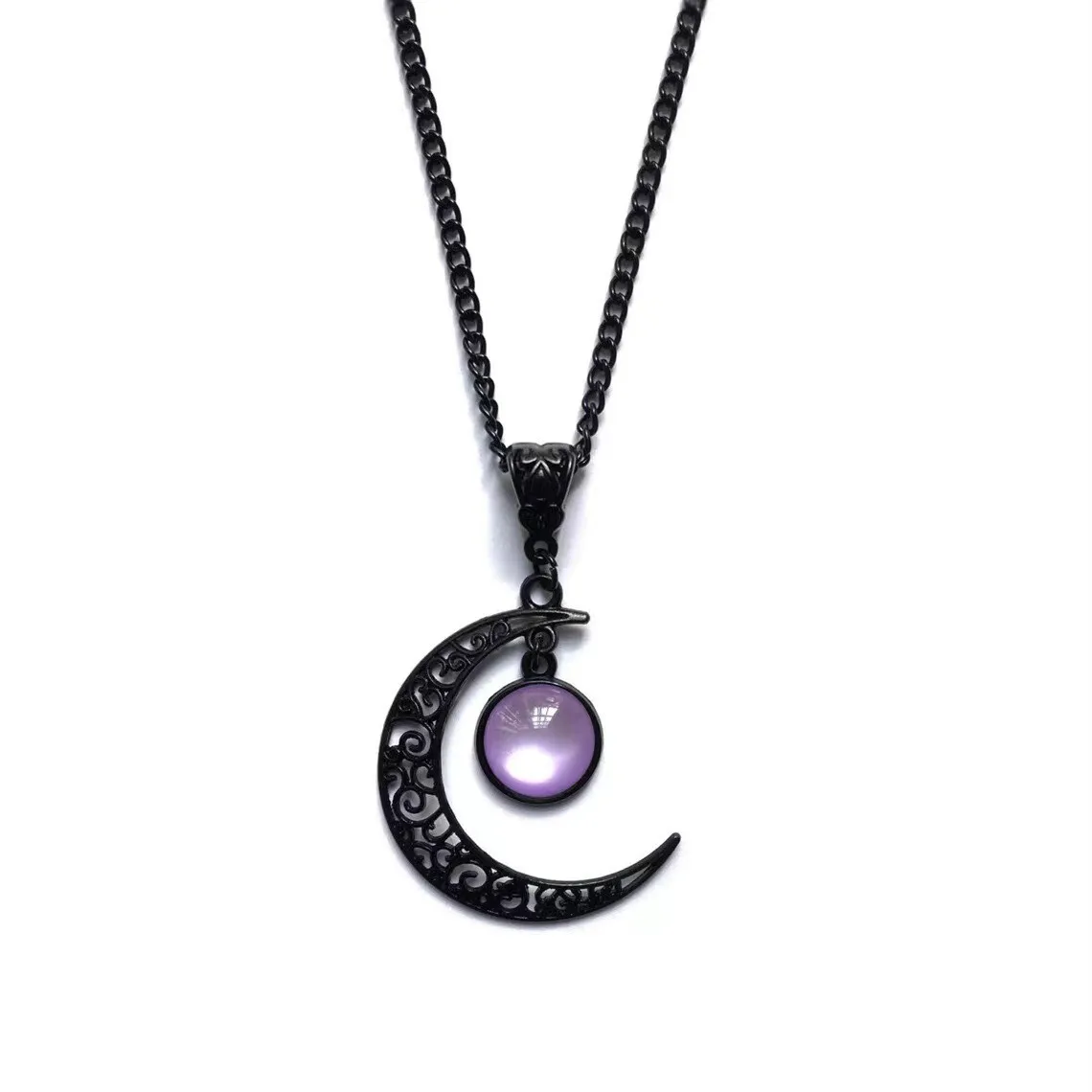 Halloween Goth Crescent Moon Necklace Dark Style Precious Stone Pendant Wiccan Witch Style Macabre Amulet Halfmoon Luna Jewelry