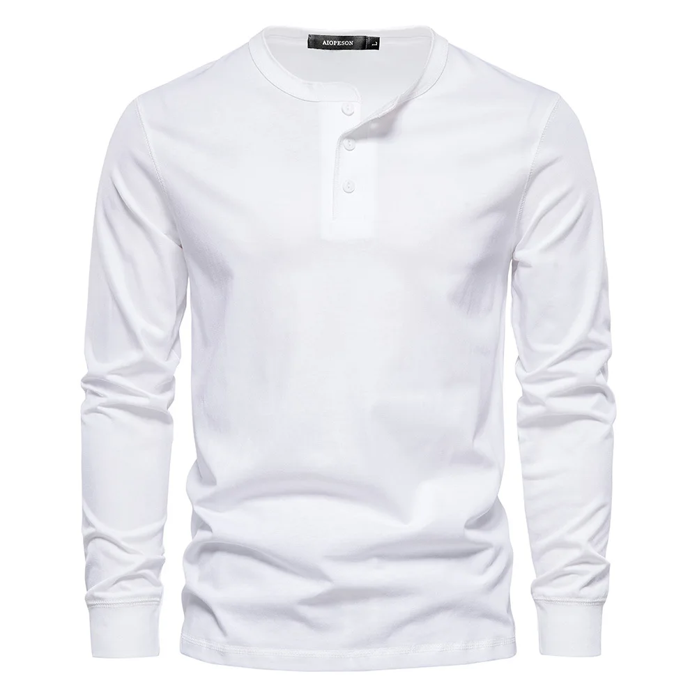 Camiseta con cuello Henley para hombre, camisa informal de manga larga de Color sólido, 100% algodón, de alta calidad, a la moda, otoño