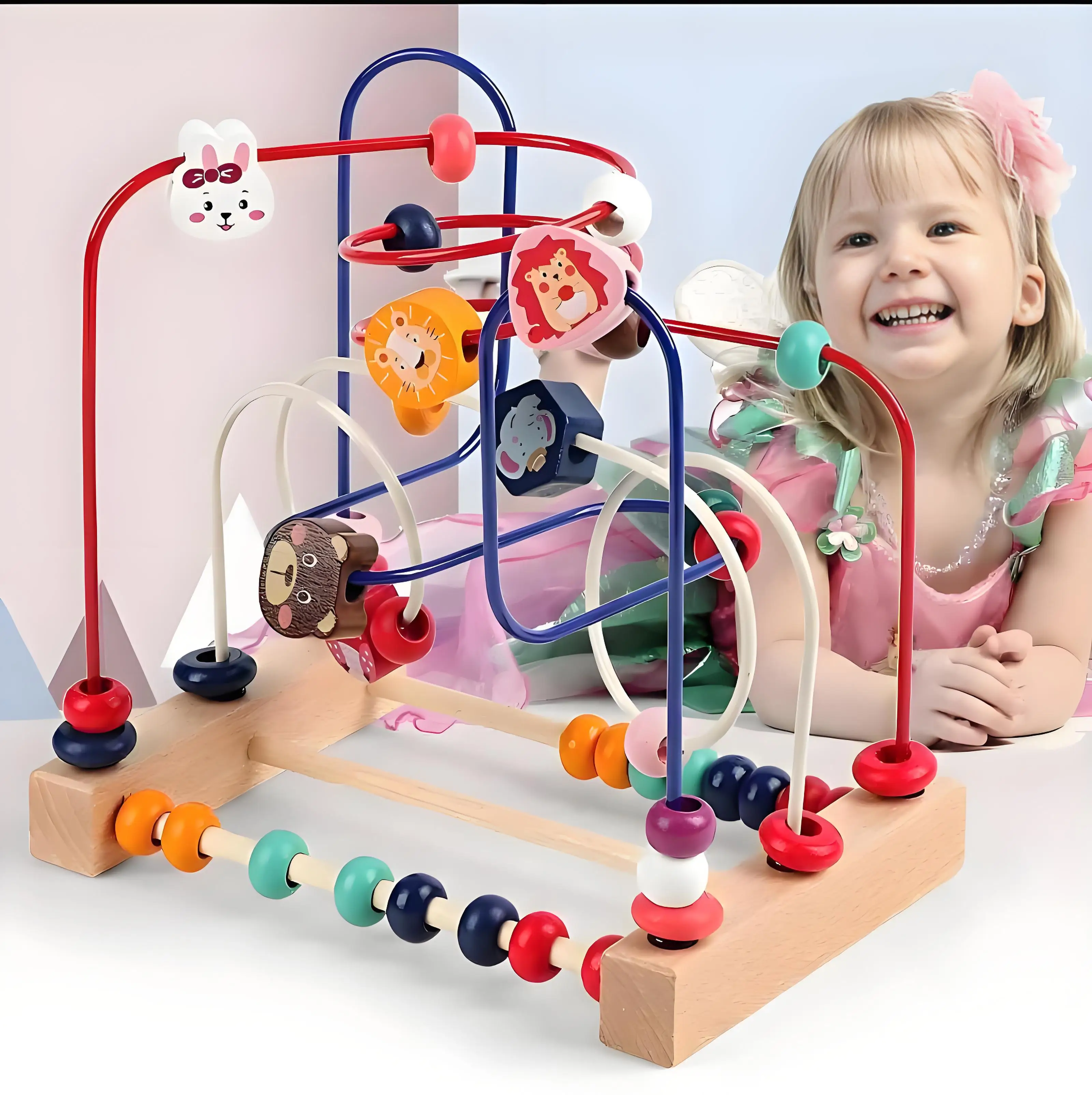 Montessori Wooden Toys Kids Circles Bead Wire Maze Roller Coaster Toddler Early Educational Puzzles Toy for Children 1 2 3 Years