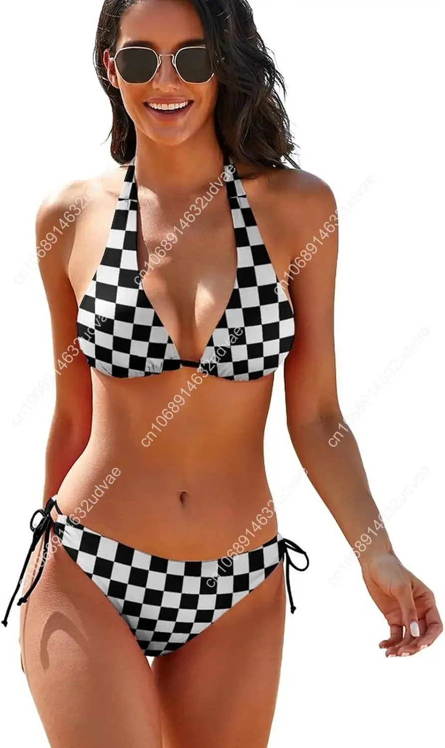 

Black White Checkered Women's Sexy Two Piece Swimsuit Halter Top and Thong Bathing Suit Bikini Sets Push Up Swimwear Beachwear
