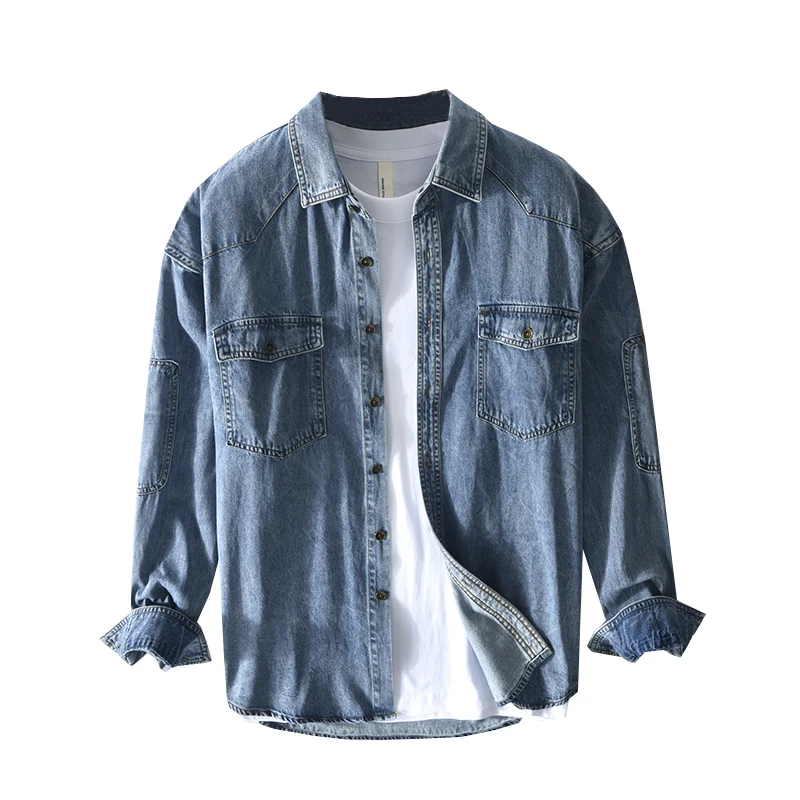 

Spring and summer new classic men's casual denim shirts trend wild Japanese retro loose high-quality long-sleeved shirts