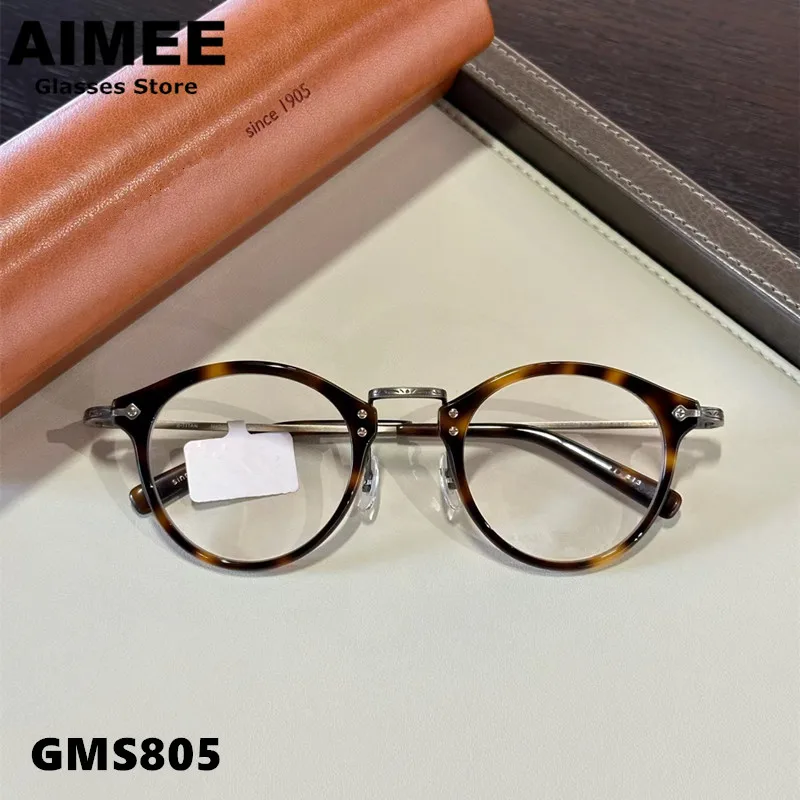 Classic Round Titanium Glasses Frame Brand Design Men Women Ultralight Prescription Eyeglasses GMS805 Pure Handmade Spectacles