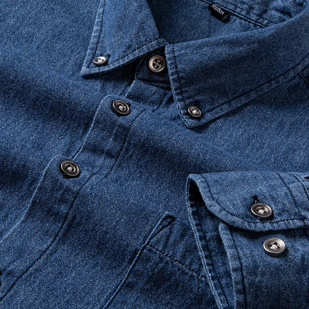 Men's Versatile Casual Long Sleeve Denim Pocket Shirt Regular-Fit Comfortable Soft 100% Cotton Washed Durability Work Shirts