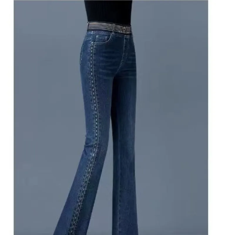 Calça jeans de cintura alta feminina, bolsos em retalhos, bordados, moda casual elegante viajante, outono e inverno, 2023