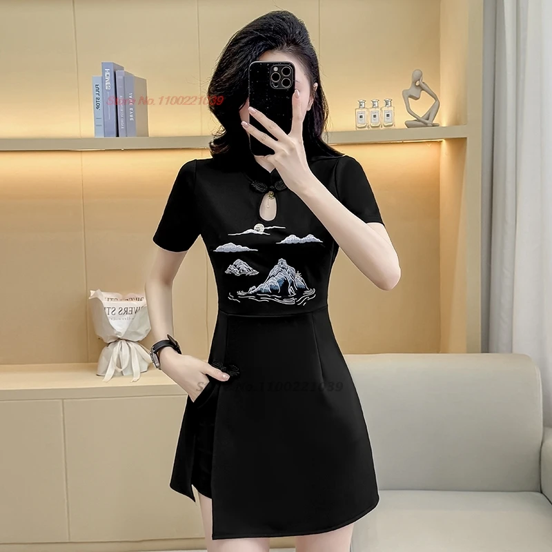 

Китайское сексуальное Ципао, улучшенное Cheongsam, платье Ципао с национальной горной вышивкой + шорты, рабочее платье для спа-салона, платье для ночного клуба