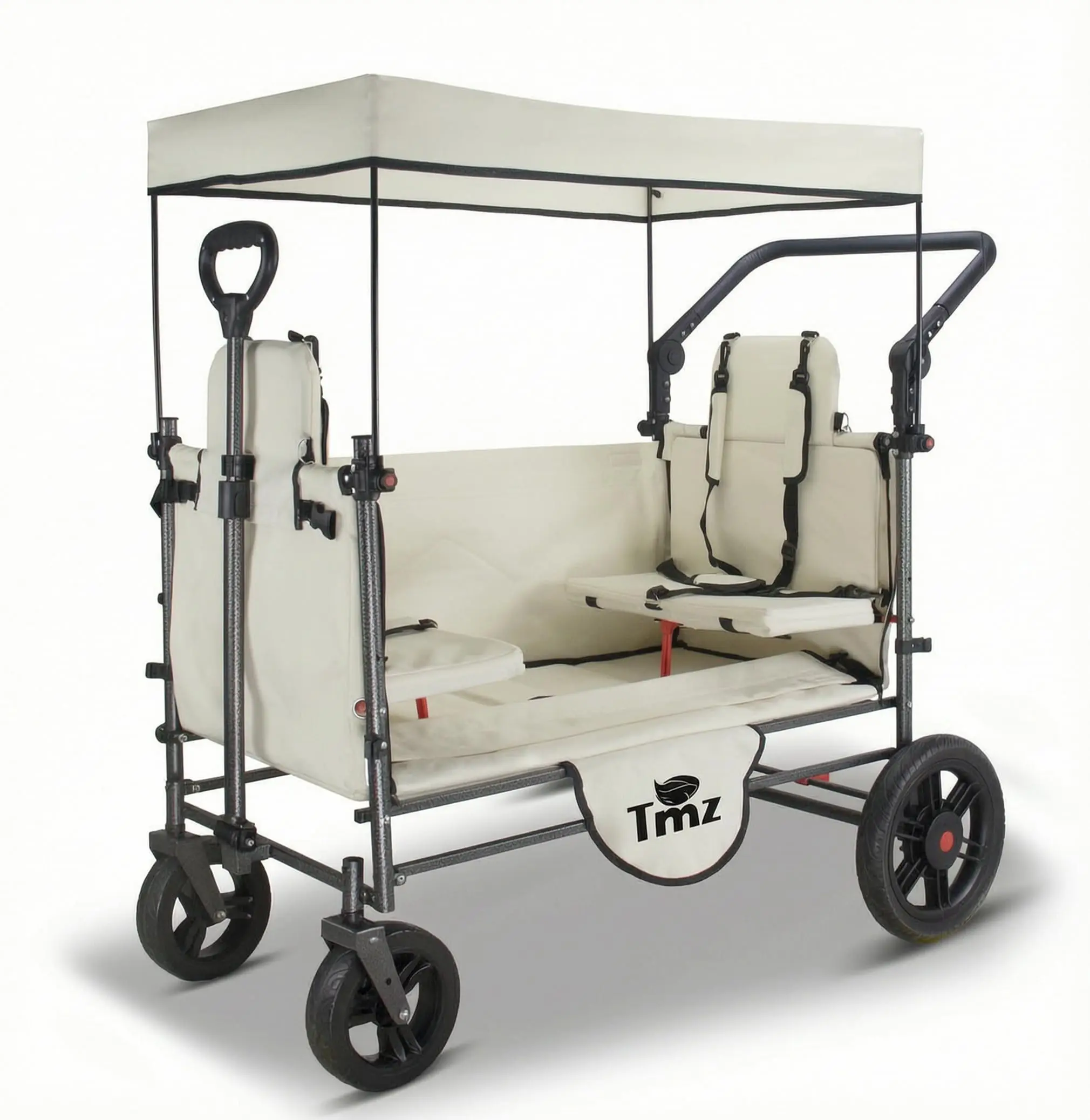 Collapsible Wagon Cart with Side-Opening Seat Conversion Design, Foldable Utility Wagon with 2 Seats, Heavy Duty Wagon