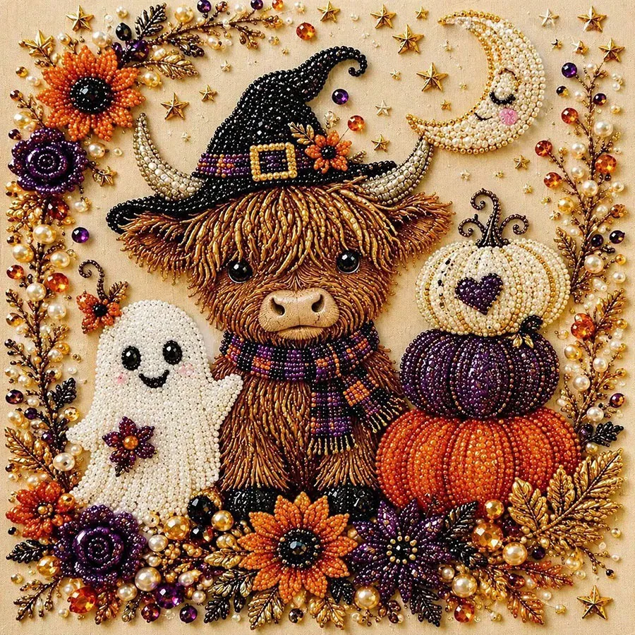 Halloween Hexen-Geister-Perlen-Kunst-DIY-Set, Perlen-Malset für Erwachsene, Halloween-Perlen-Diamant-Malerei (verschiedene Designs verfügbar: Highland-Kuh, Hexe, Geist, Kürbis, Schwarze Katze, Totenkopf, Krähe), handge – Detail 3