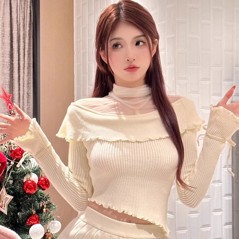 

Женский трикотажный топ, однотонный сетчатый Асимметричный облегающий топ с длинными рукавами для осени и зимы