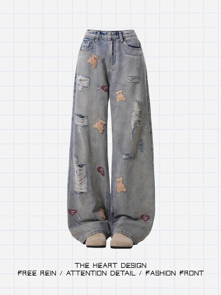 

Retro American Sle Women's Blue Jeans Spring Autumn New Sle Embroidered Bear Hole Design BF Sle Wide Leg High Waist Jeans