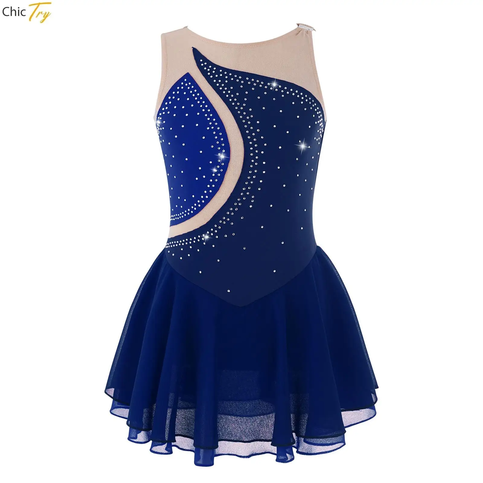 

Rhinestone Figure Skating Dress Kids Girls Sleeveless Rhythmic Gymnastics Leotard Professional Competition Ballet Dance Costume