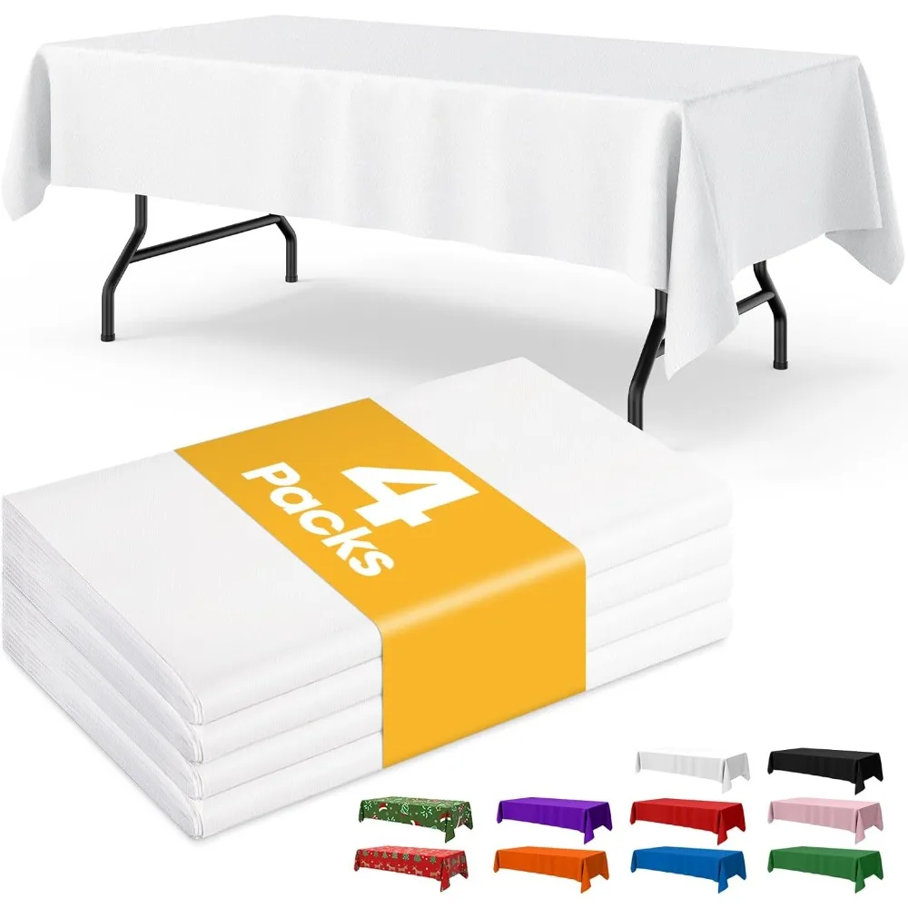4-Pack White Disposable Plastic Tablecloth Rectangular 54x108 Inch Table Cover for 6-Foot Tables Party Holiday Gathering Event Supplies
