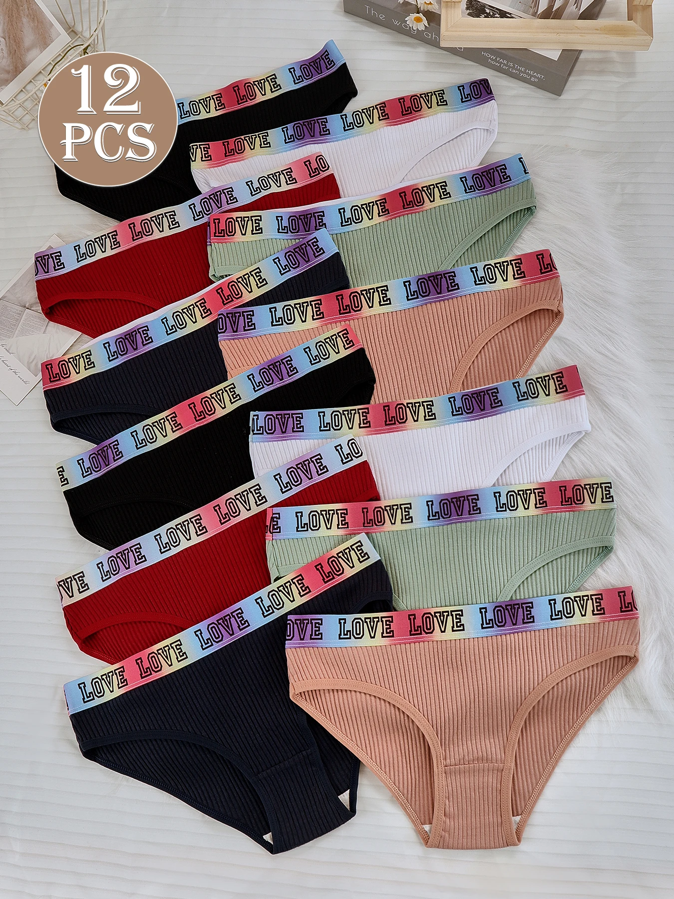 12-delige set geribbelde driehoekige damesbroeken met lage taille, zacht en comfortabel katoenen herfst- en winterondergoed voor dames