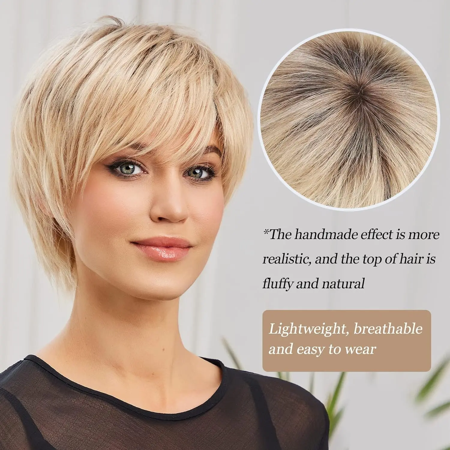 HAIRCUBE Human Hair Wigs Pixie Cut Straight Wigs With Bang Ombre Blonde Layered Short Bob Wigs for Women Glueless Human Hair Wig