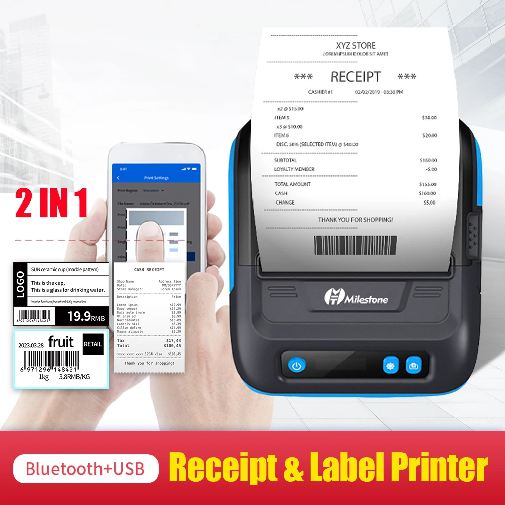 

80mm Mini Portable Label Printer Bluetooth Receipt Printer Restaurant Ticket Bill Thermal Printer Compatible with IOS Android PC