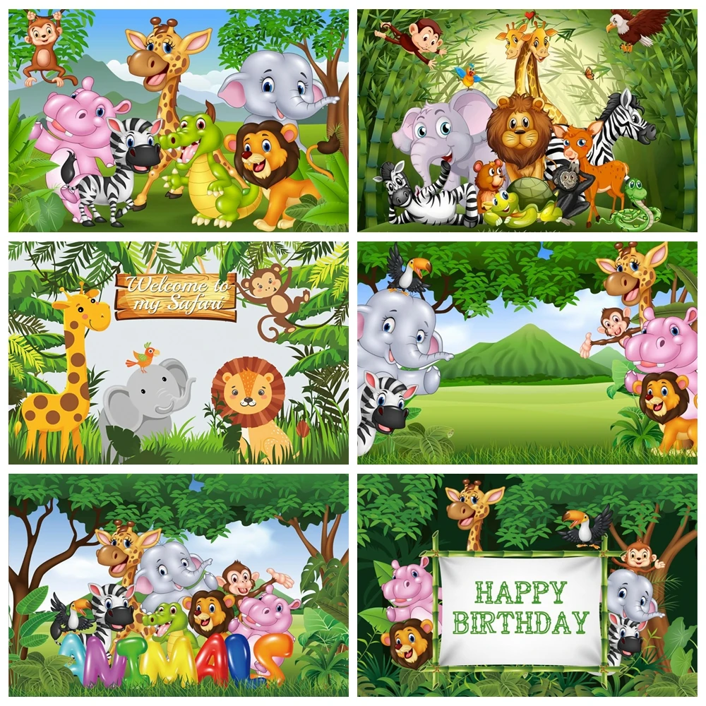 Jungle Safari Birthday Backdrops Baby Cartoon Party Forest Animal Grass Baby Portrait Poster Photo Background Photo Studio