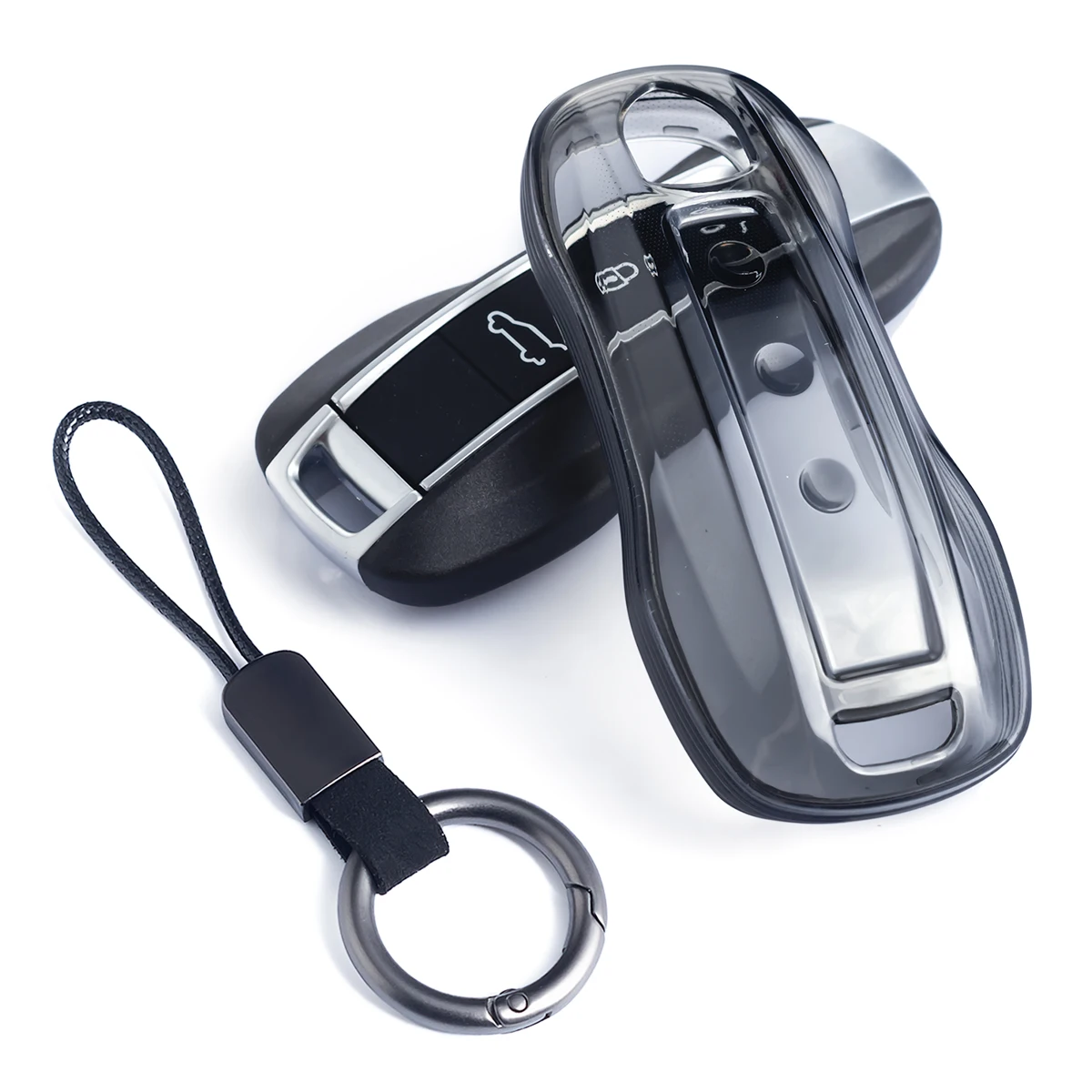 Casing Pelindung Kunci Mobil Tipis dengan Gantungan Kunci untuk Porsche Cayenne Coupe Panamera Taycan 911 2017+ Aksesoris Hitam Transparan