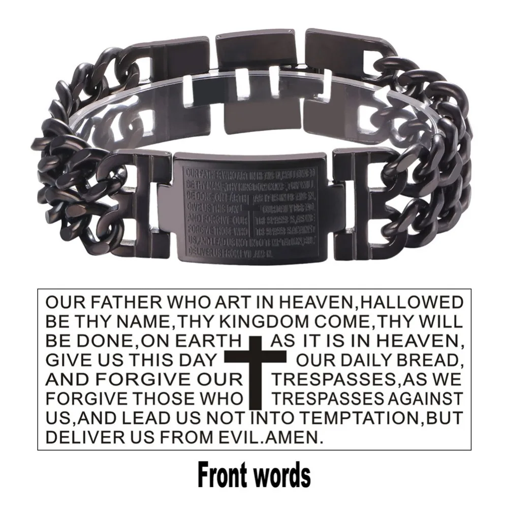 Stainless Steel Vintage Black Cross Bible Lords Prayer Bracelet for Men Women Lucky Amulet Accessaries Hot Sale Jewlery Gifts