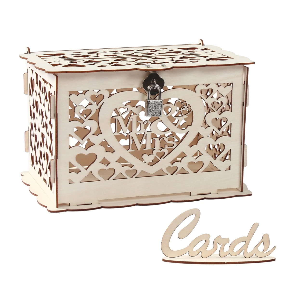 Cajas de madera para tarjetas de regalo de boda con cerradura, patrón de flores de Mr & mrs. pareja, tarjetas de letrero de sobre, caja de madera,