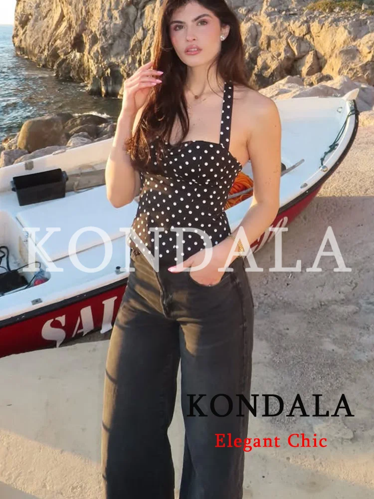 KONDALA Damen Urlaubs-Trendiges Polka-Dot-Neckholder-Top mit O-Ausschnitt, Rückenfreies Reißverschluss-Top, Neue Mode 2026 Frühling Sommer Strandparty-Top
