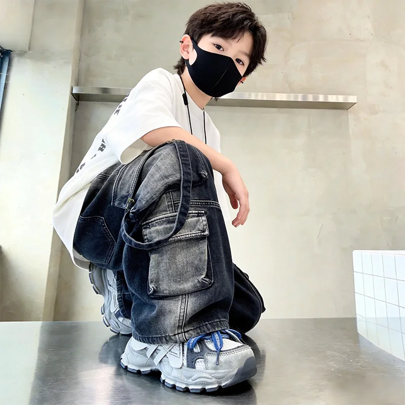 

Children's Trousers with Big Pockets Stylish Pants for Teenagers 4-14Y American Style Boys Cargo Jeans Spring Autumn Fashionable