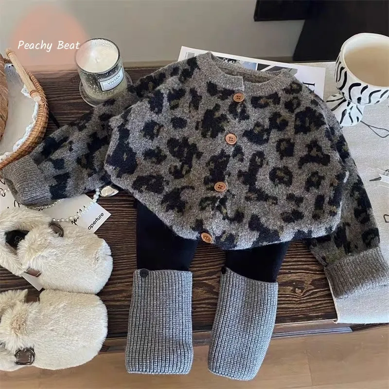 Fashion Baby Girl Clothes Set Infant Toddler Child Leopard Print Knitted Cardigan+Fleece Inside Leggings 2PCS Baby Clothes 1-10Y