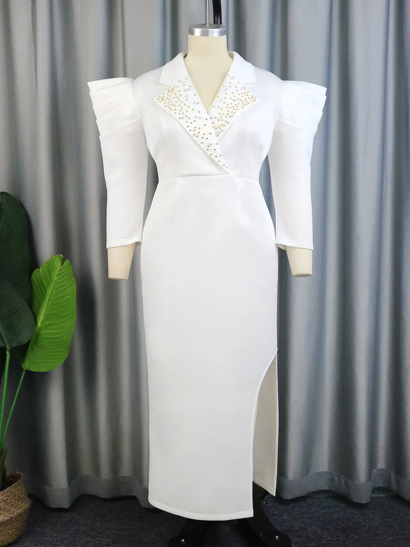 Plus Size White Dresses for Women 4XL Notched Beading Puff Sleeve Bodycon Slit Ankle-Length Long Prom Cocktail Curvy Lady Gowns