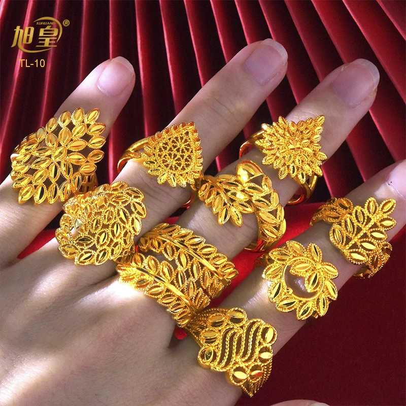 Dubai Ethiopia Gold Color Jewelry 24k Rings For Women Geometric Finger Ring Bijoux Female Wedding Banquet Party Gifts