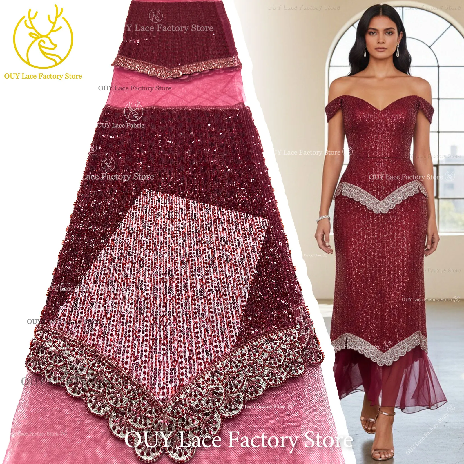 Weinroter 3D Luxus Dubai Stickerei-Spitzenstoff mit Perlen und Pailletten 2026 Afrikanischer Spitzenstoff für Damen Abendkleider und Partykleider zum Nähen – Detail 4