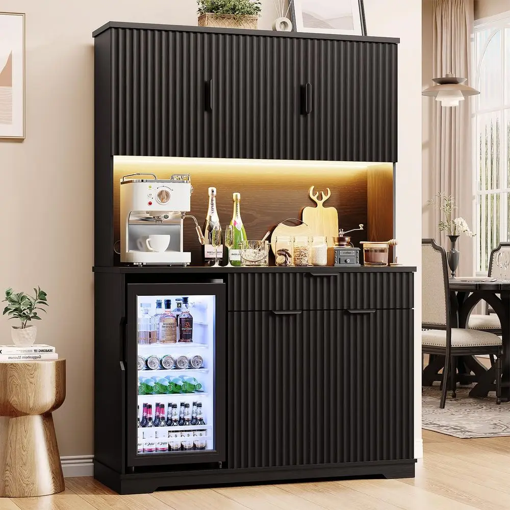 

Kitchen Pantry with Fridge Fridge Included, Fluted Coffee Bar Cabinet with LED Lights amp Outlets, Tall Wine Bar Cabinet with D