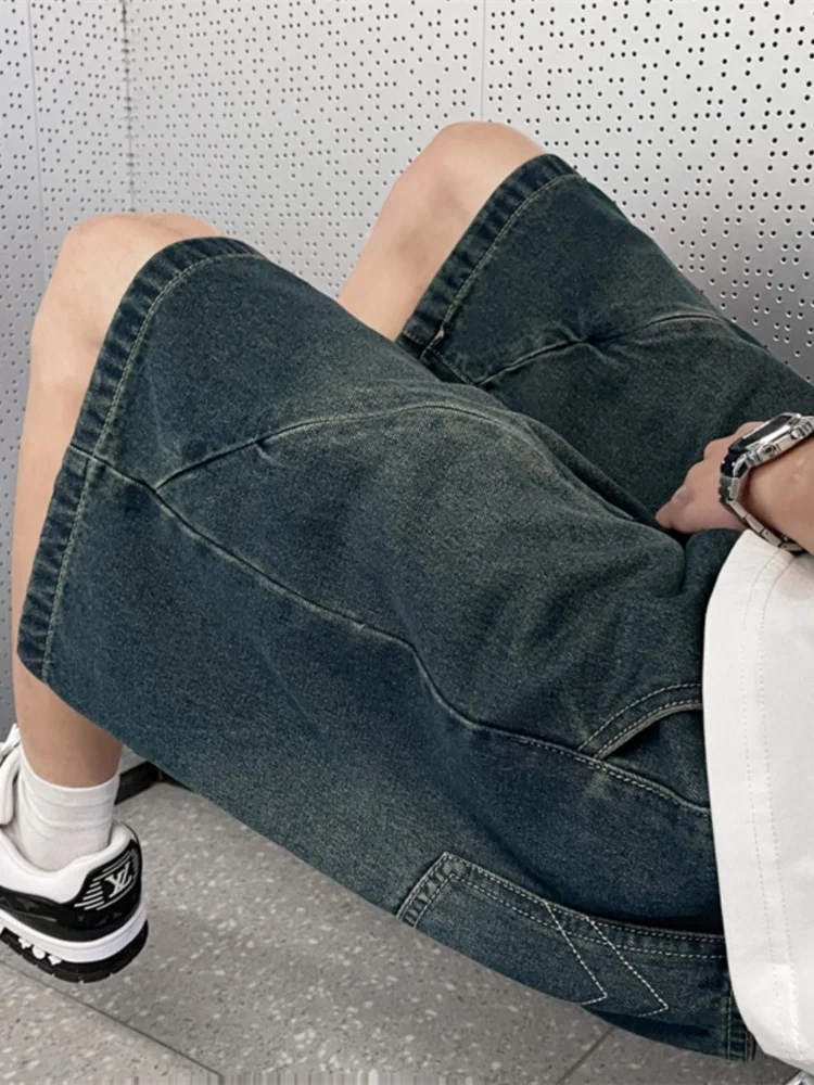 

Summer High Street Loose Fit Zipper Men's Denim Shorts American INS Vintage Straight Leg Workwear Five-Quarter Pants