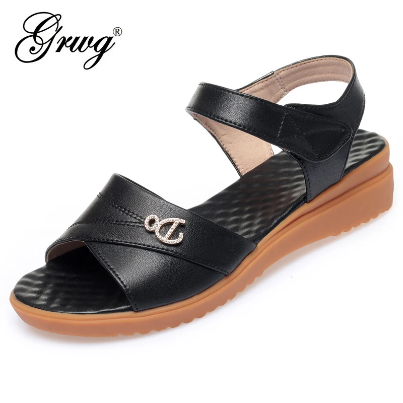 

GRWG Women Sandals Summer 2023 Women Shoes 100% Genuine Leather Wedge Casual Large Size Middle-aged Mother Sandals Women