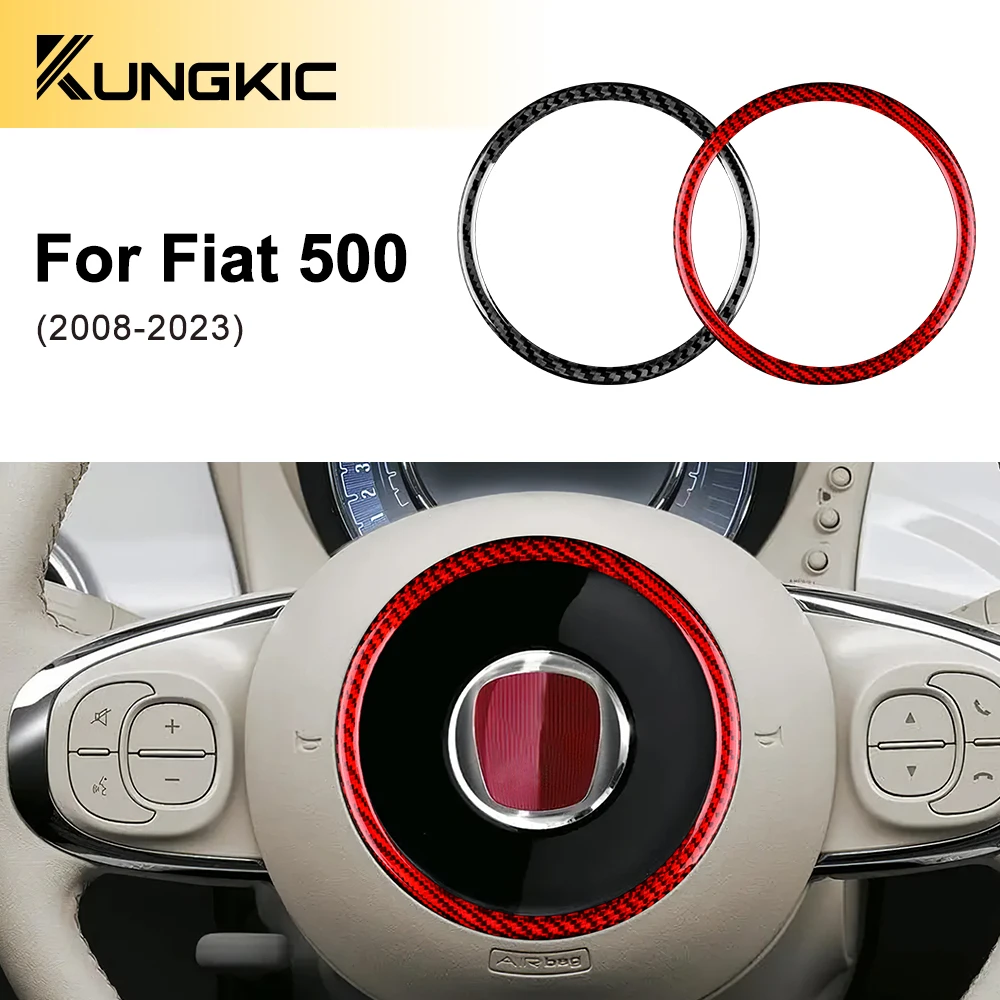 for Fiat 500 2008-2021 2022 2023 Real Hard Carbon Fiber Sticker Car Steering Wheel Center Frame Ring Cover Interior Accessories