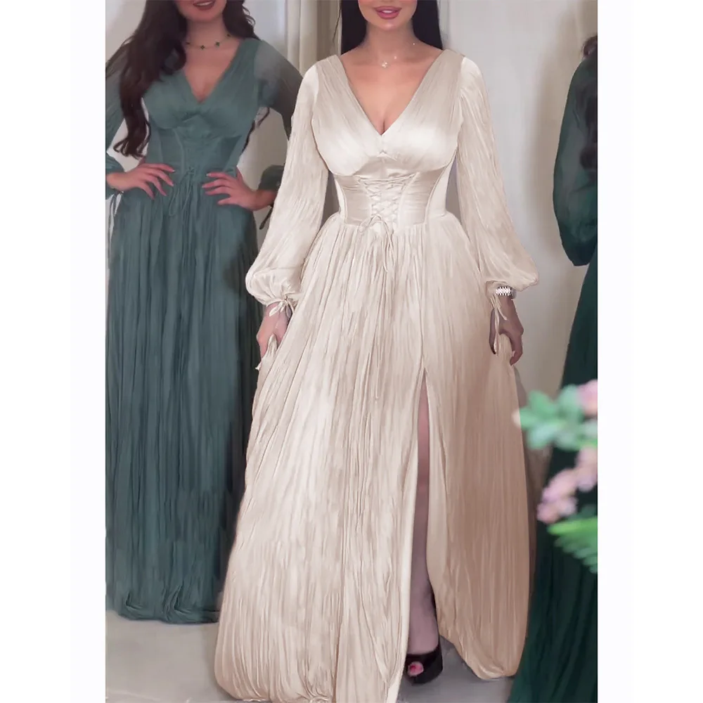 

XQY500226 Muslim Spring and Autumn New Fashion V-neck Waist Tie up Robe Dress