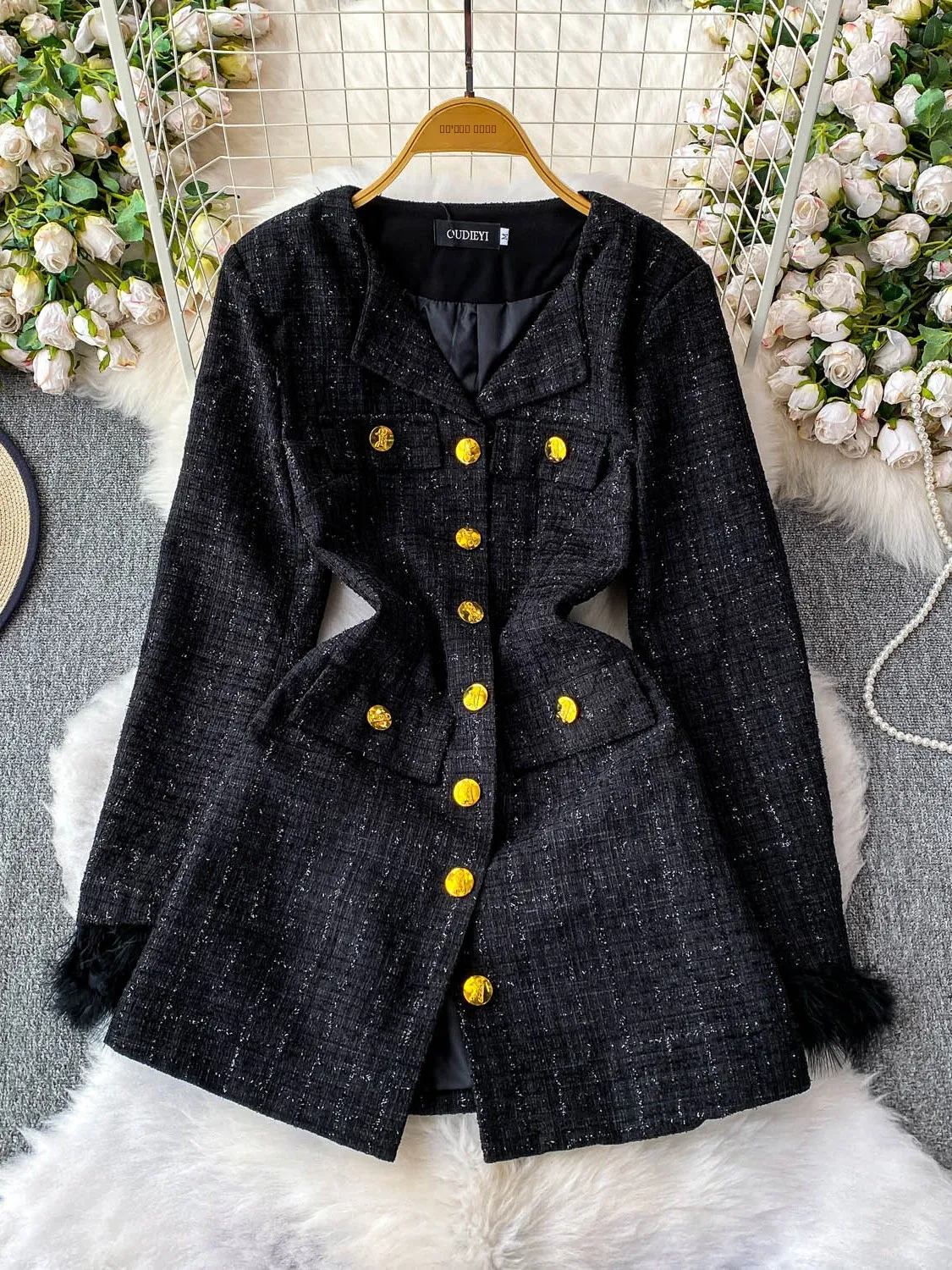 

Ele iny Tead Lapel Patchwork Ostrich Feather Long Sve Women's Autumn Winter Loose Slimming Woolen Coat Button Detail