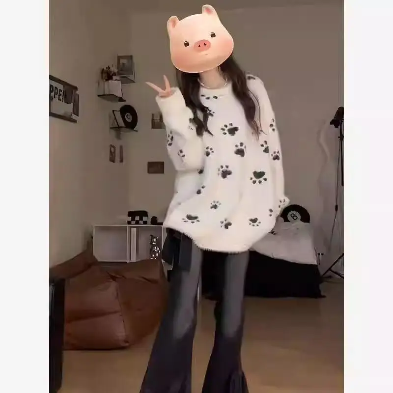 

Soft and Warm Sweater Knitwear Cardigan Loose Sweater Mink Fur Round Neck Top Autumn and Winter Cute Loose Jumper Women Sweater