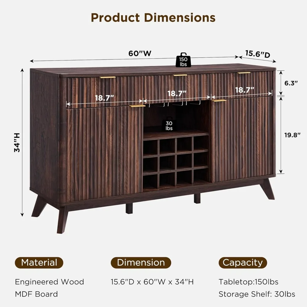 Armário buffet canelado contemporâneo com armazenamento - 3 gavetas, 2 portas, suportes para vinho e copos