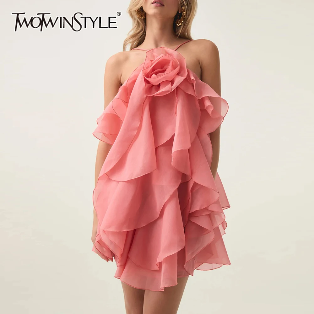 TWOTWINSTYLE Solid Fashion Spliced Ruffles Fold Dresses for Women Strapless Sleeveless Patchwork 3D Flower Dress Female Style